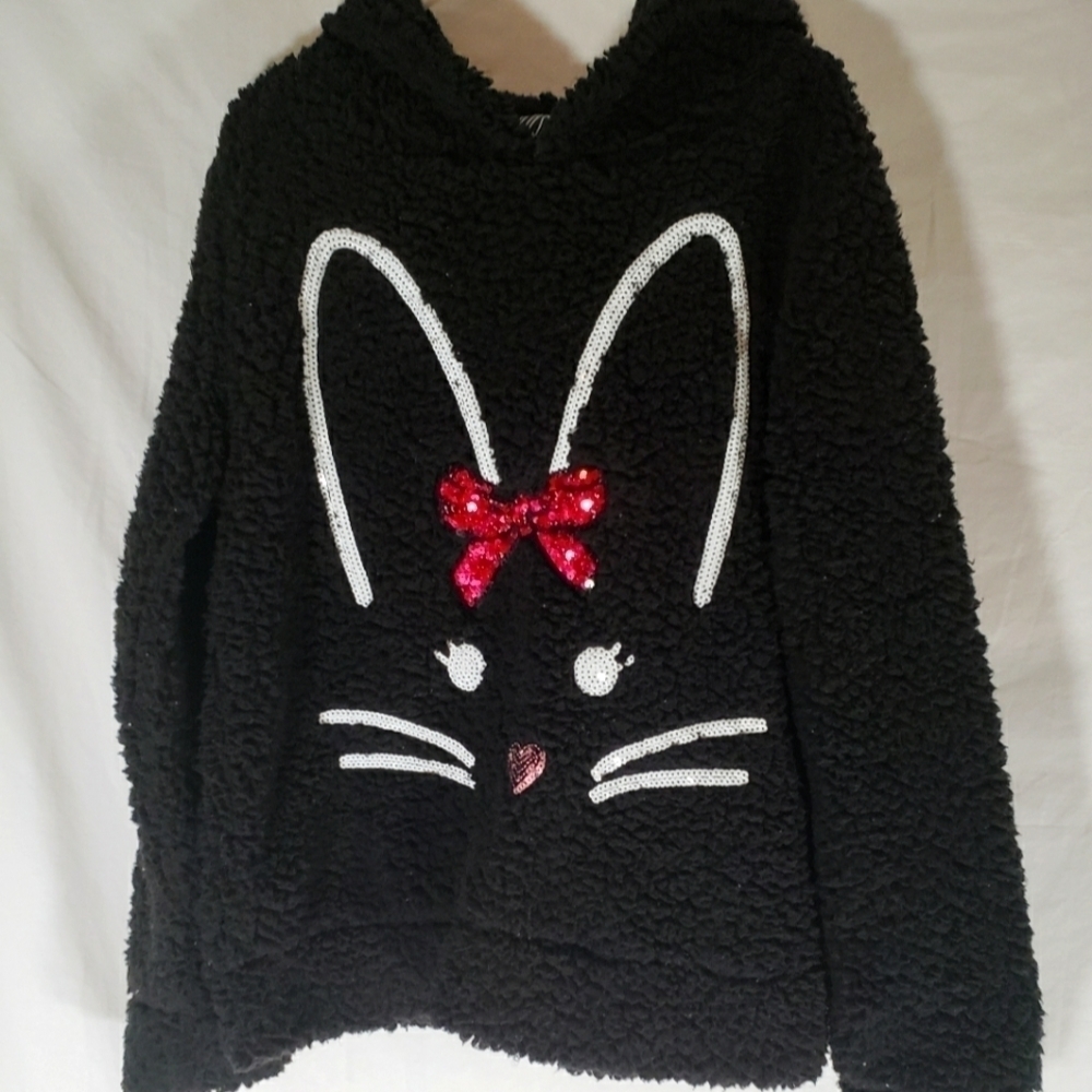 Miss Chievous Girls Black Cat Sherpa Hooded Sweatshirt Sz L